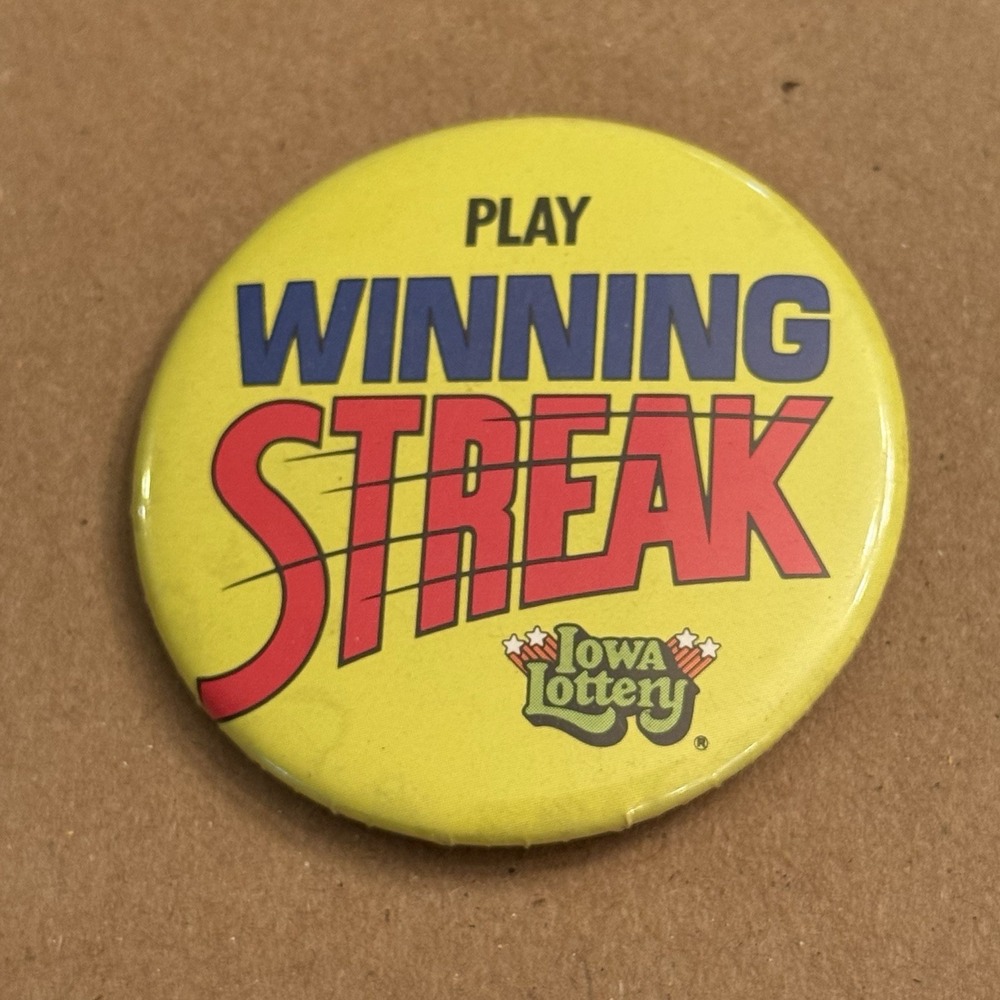 Iowa Lottery Play Winning Streak Yellow Vintage Pinback Button Pin Round Circle